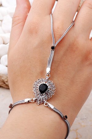 Oniks Taşlı Gümüş Şahmeran Bileklik