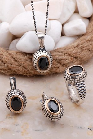 Oniks Taşlı Gümüş Set