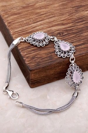 Pembe Kuvars Taşlı Gümüş Telkari Bileklik