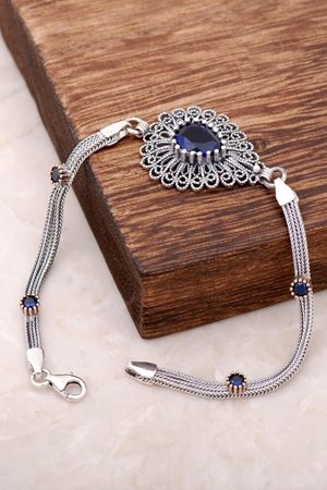Safir Taşlı Gümüş Telkari Bileklik