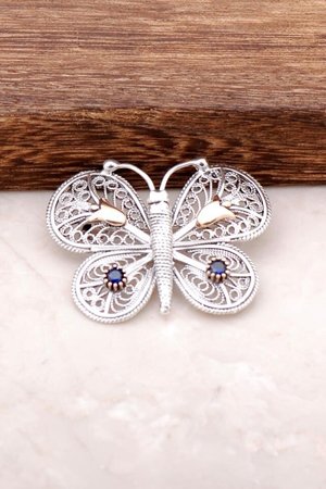 Safir Taşlı Gümüş Telkari Broş