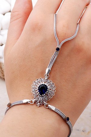 Safir Taşlı Gümüş Telkari Şahmeran Bileklik