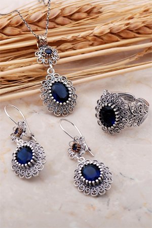 Safir Taşlı Gümüş Telkari Set