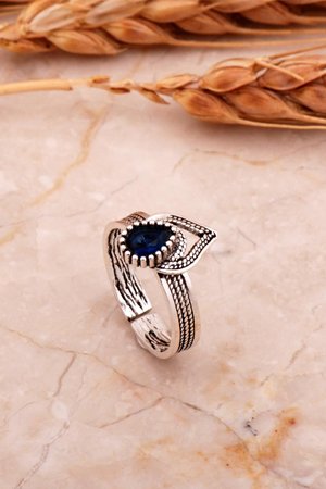 Safir Taşlı Gümüş Telkari Yüzük