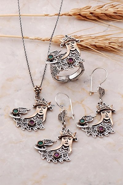 Şahmeran Figürlü Gümüş Telkari Set