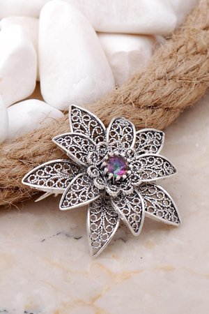 Telkari İşlemeli Gümüş Lotus Çiçeği Broş