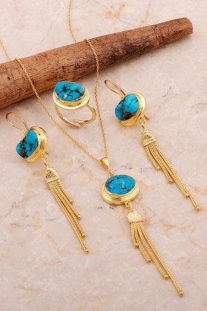 Turkuaz Taşlı Hasır Püsküllü Gümüş Set