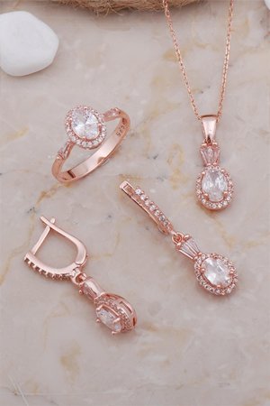 Zirkon Taşlı Rose Gümüş Oval Set