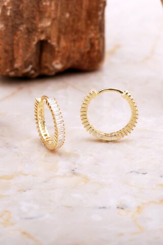 18 Mm Baget Taşlı Altın Kaplama Gümüş Halka Küpe 7031