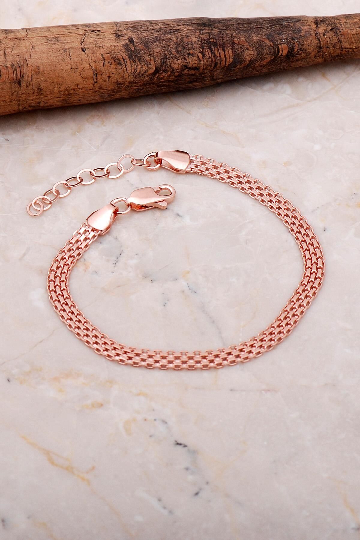 İtalyan Ezme Hasır Örgü Rose Gümüş Bileklik 3533