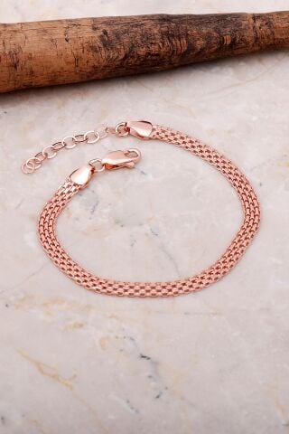 İtalyan Ezme Hasır Örgü Rose Gümüş Bileklik 3533
