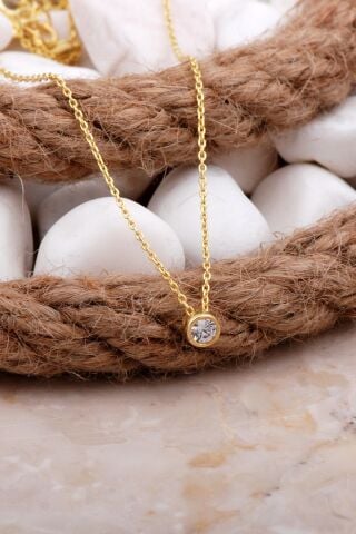 Tek Taş Altın Kaplama Gümüş Kolye 7827