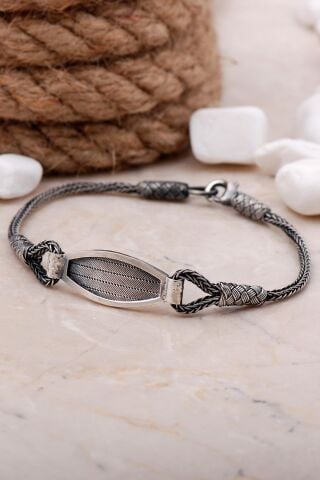 Trabzon Hasırı Kazaziye İşlemeli Gümüş Oksitli Bileklik 3889