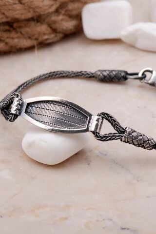 Trabzon Hasırı Kazaziye İşlemeli Gümüş Oksitli Bileklik 3889