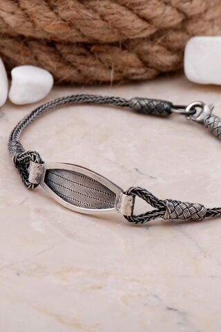 Trabzon Hasırı Kazaziye İşlemeli Gümüş Oksitli Bileklik 3889