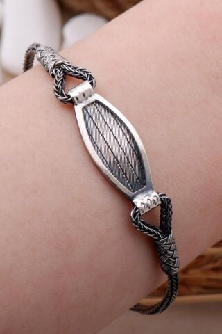 Trabzon Hasırı Kazaziye İşlemeli Gümüş Oksitli Bileklik 3889