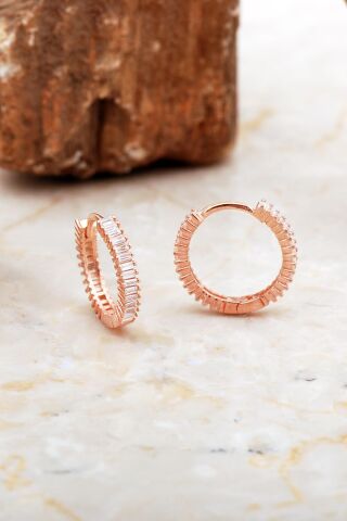 18 Mm Baget Taşlı Rose Gümüş Halka Küpe 7032