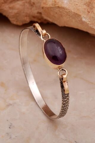 Ametist Taşlı Dövme Elişi Tasarım Gümüş Bilezik 4385