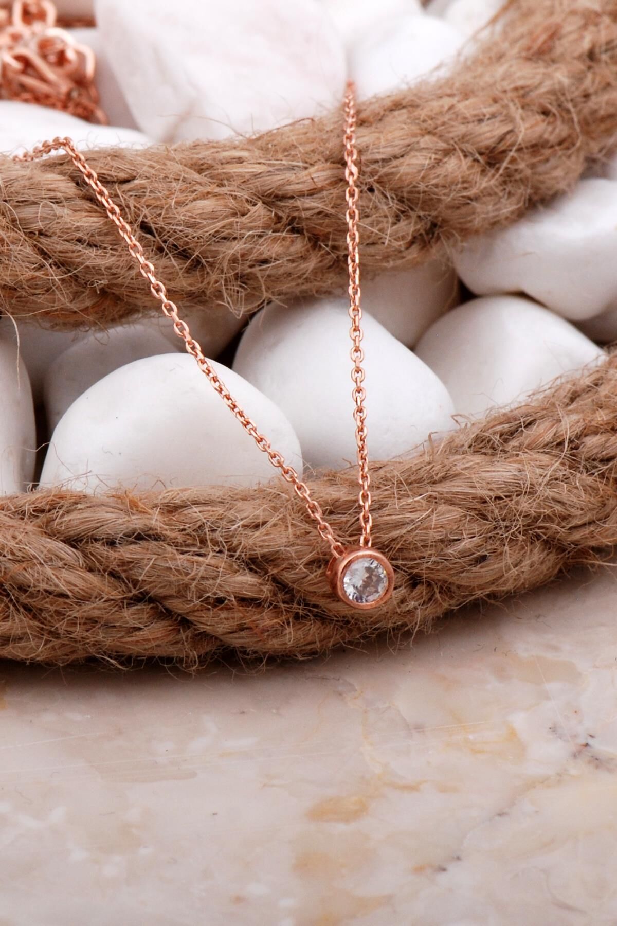 Tek Taş Rose Gümüş Kolye 7828