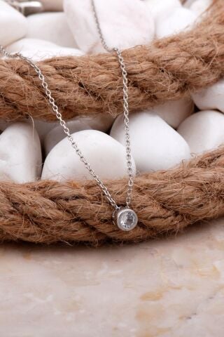 Tek Taş Rodyumlu Gümüş Kolye 7829