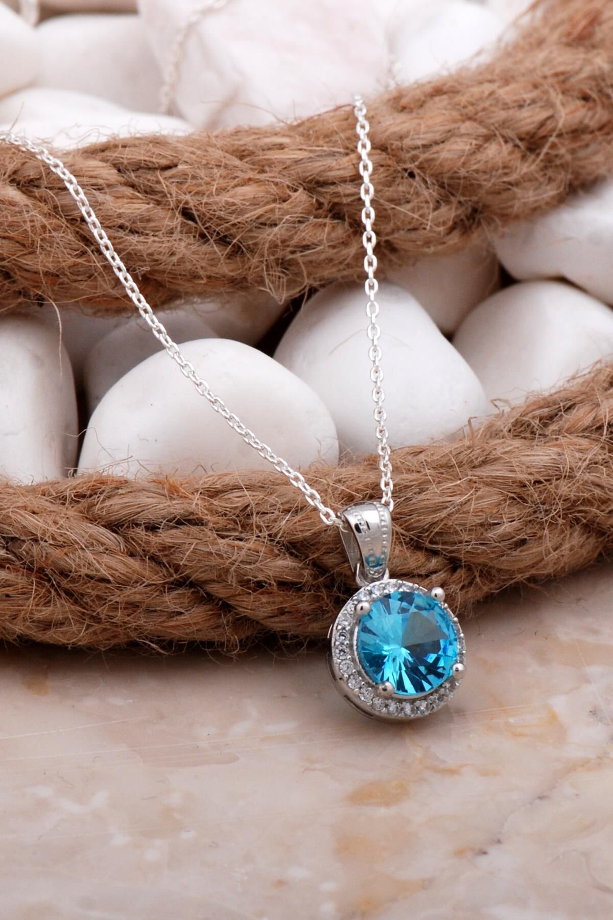 Mavi Zirkon Taşlı Gümüş Kolye 7831