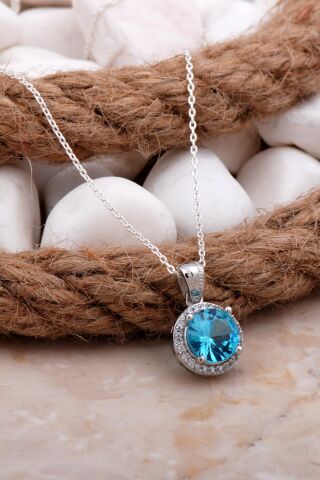 Mavi Zirkon Taşlı Gümüş Kolye 7831