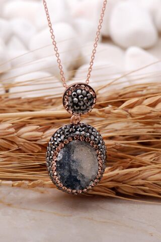 Doğal Kalsedon Taşlı Oval Rose Gümüş Kolye 7441