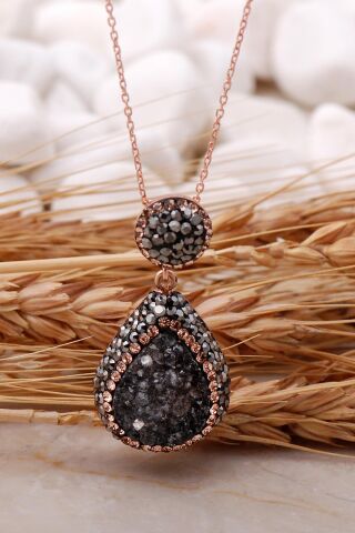 Doğal Kalsedon Taşlı Damla Rose Gümüş Kolye 7442