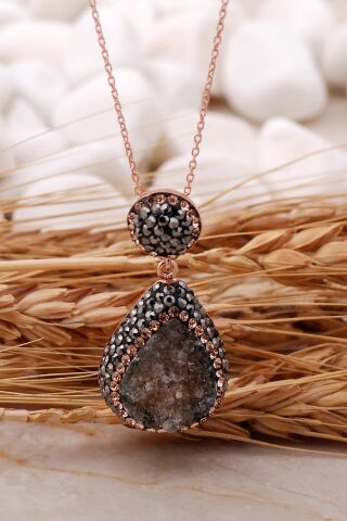 Doğal Kalsedon Taşlı Damla Rose Gümüş Kolye 7442