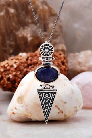 Safir Antik Tasarım Elişi Gümüş Kolye 7051