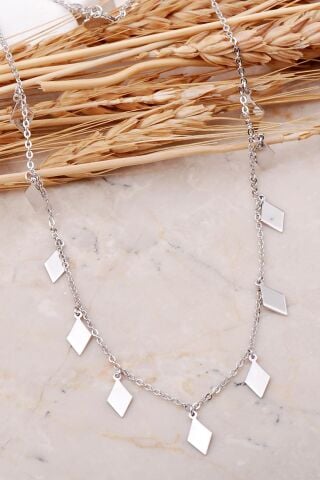 Kare Pullu Rodyumlu Gümüş Kolye 7444