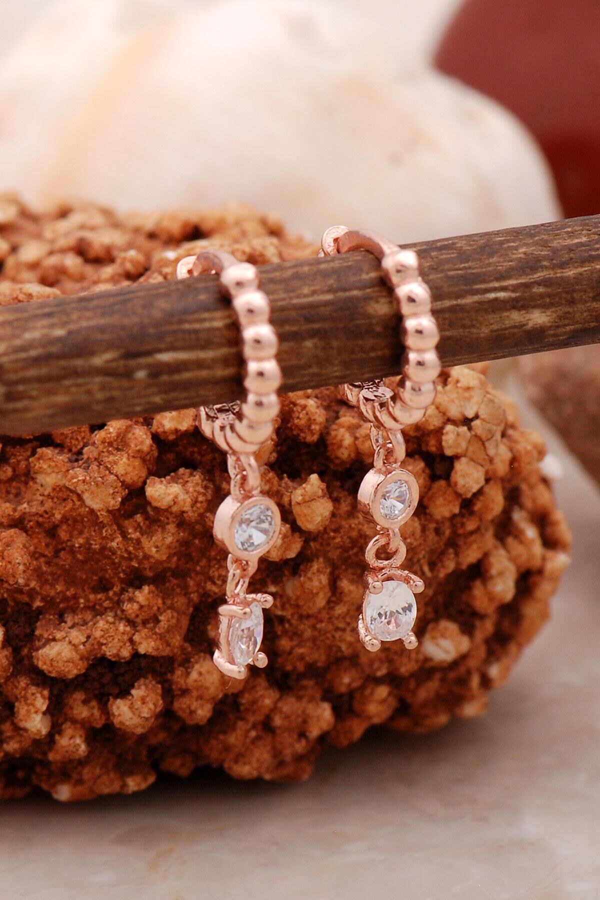 Çift Taşlı Rose Gümüş Küpe 5450