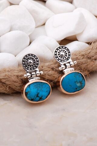 Turkuaz Antik Tasarım Elişi Gümüş Küpe 5140