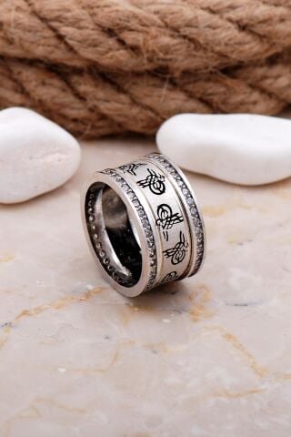 Tuğralı Elişi Taşlı Gümüş Kadın Alyans 17