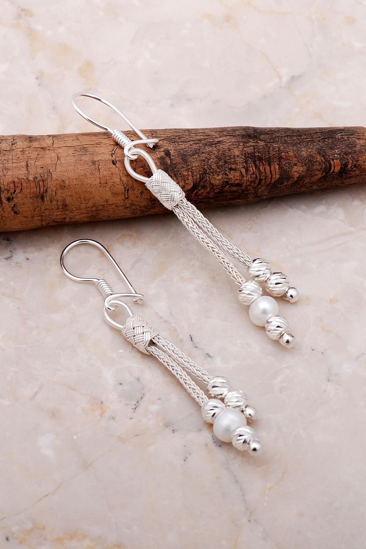 Dorika İnci Taşlı Kazaziye İşlemeli 1000 Ayar Gümüş Küpe 5142