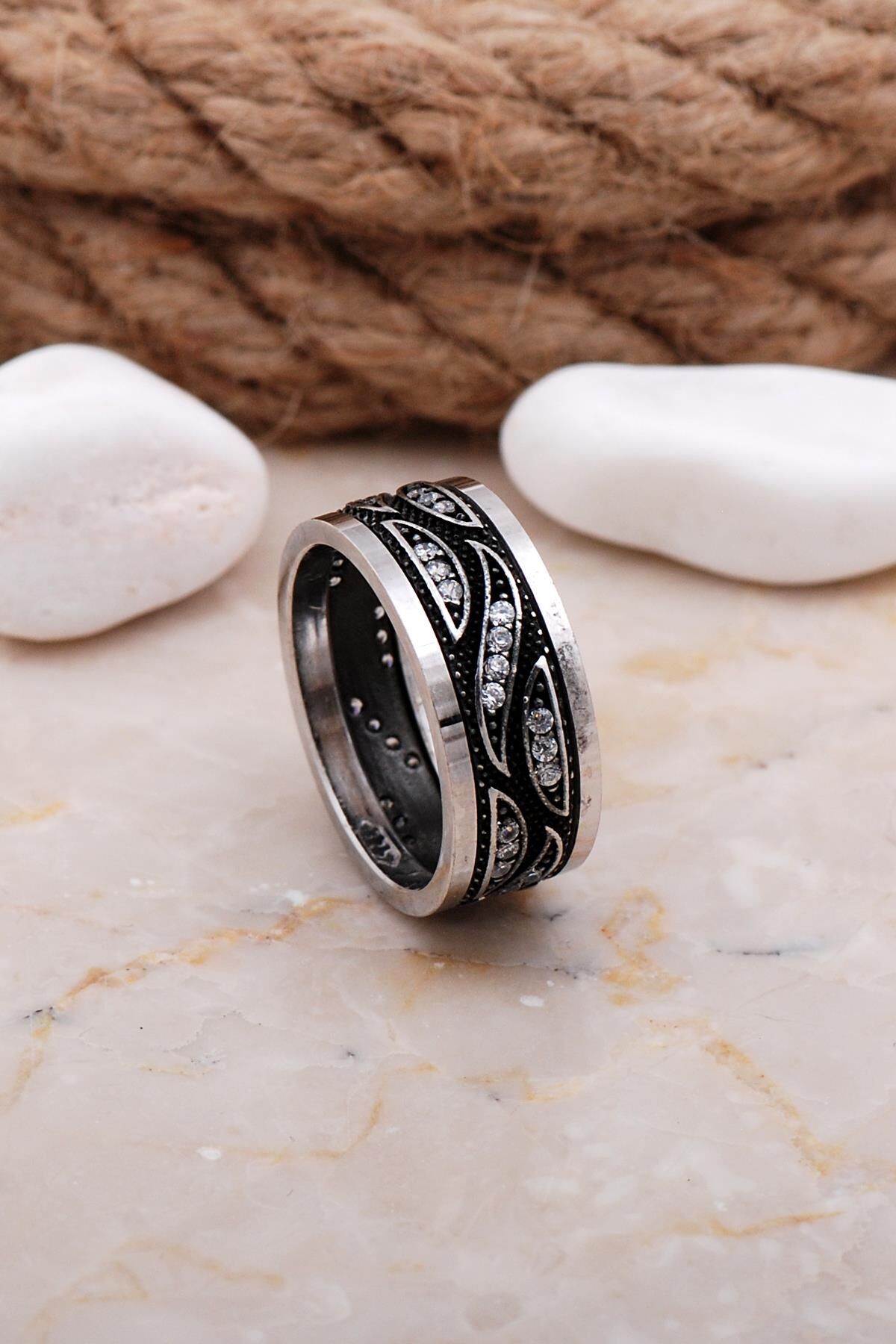 Tasarım Elişi Taşlı Gümüş Kadın Alyans 19