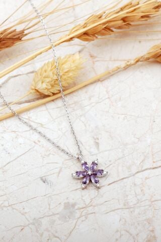 Ametist Taşlı Lotus Çiçeği Rodyum Kaplama Gümüş Kolye 8097