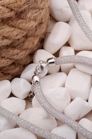 Tığ Örgü Taşlı Tasarım Rodyumlu Gümüş Set 2467