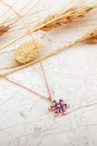 Ametist Taşlı Lotus Çiçeği Rose Gümüş Kolye 8098