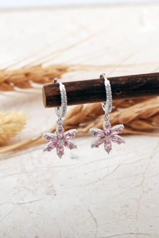 Pembe Taşlı Lotus Çiçeği Rodyumlu Gümüş Halka Küpe 7392