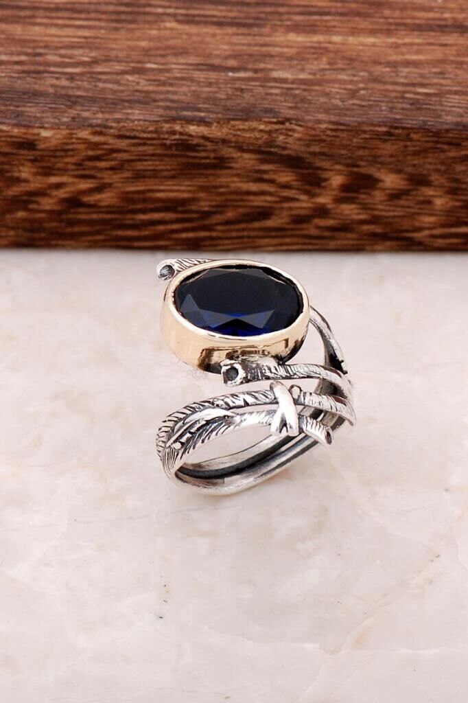 Safir Taşlı Sarmaşık Tasarım Elişi Gümüş Yüzük 2717