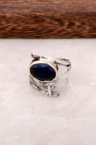 Safir Taşlı Sarmaşık Tasarım Elişi Gümüş Yüzük 2717