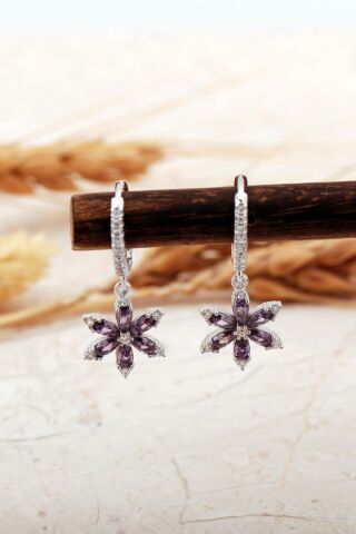 Ametist Taşlı Lotus Çiçeği Rodyumlu Gümüş Halka Küpe 7393