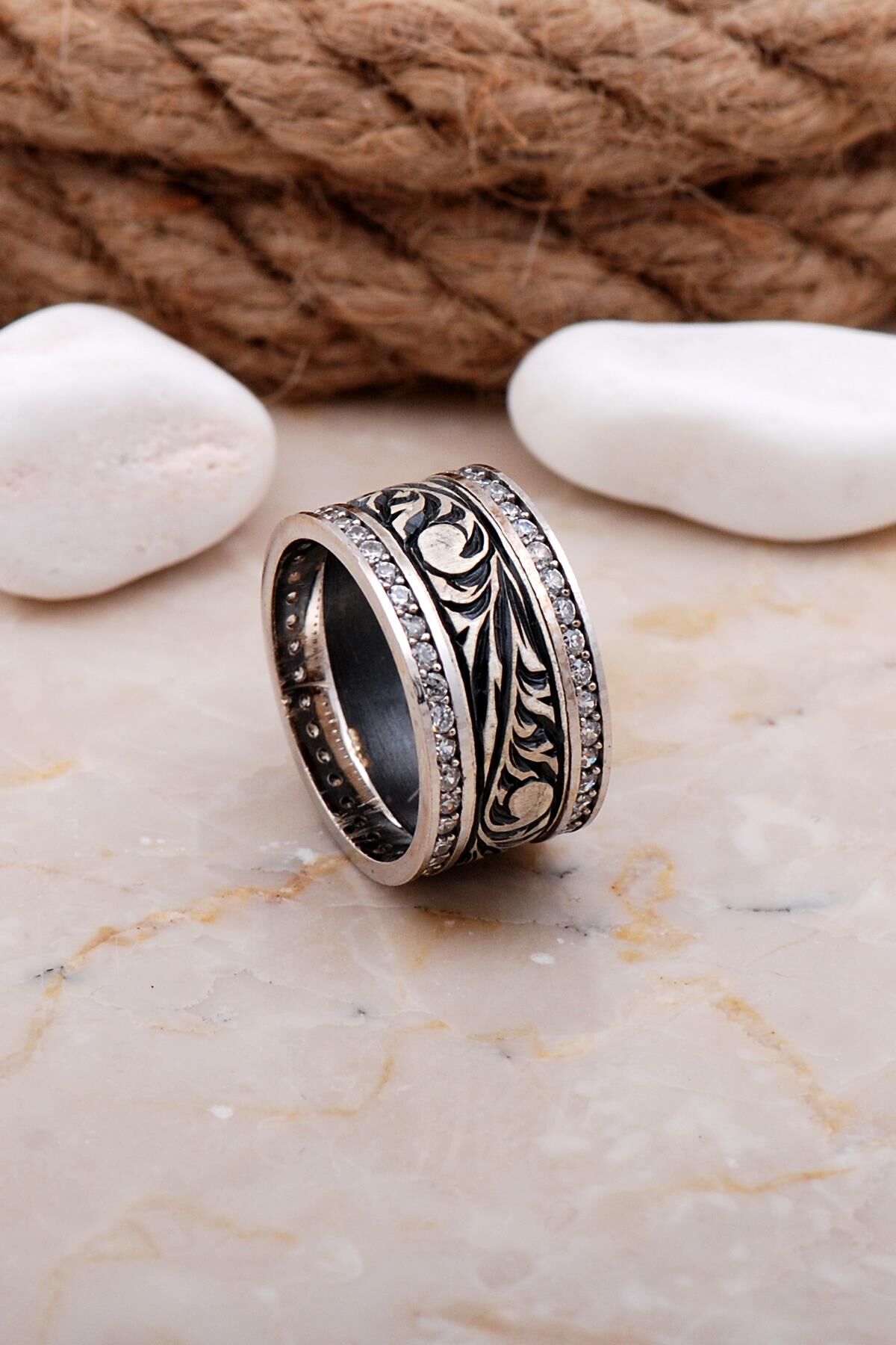 Tasarım Elişi Taşlı Gümüş Kadın Alyans 25