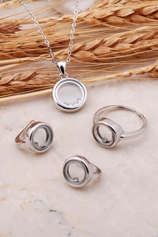 Taşlı Tasarım Rodyumlu Gümüş Set 2469