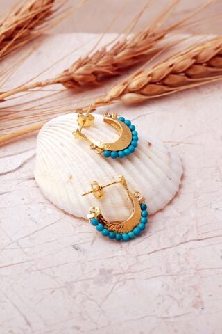 Firuze Taşlı Altın Kaplama Gümüş Yarım Halka Küpe 7396