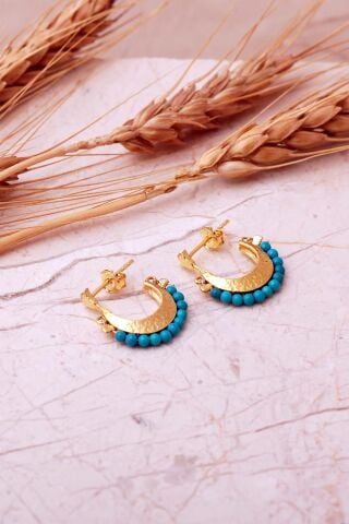 Firuze Taşlı Altın Kaplama Gümüş Yarım Halka Küpe 7396