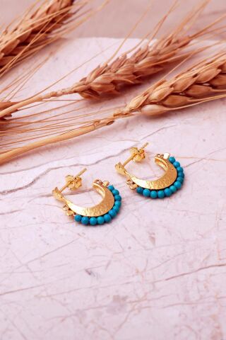 Firuze Taşlı Altın Kaplama Gümüş Yarım Halka Küpe 7396