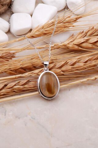 Akik Taşlı Rodyumlu Gümüş Kolye 7448