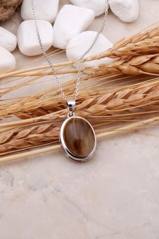 Akik Taşlı Rodyumlu Gümüş Kolye 7448